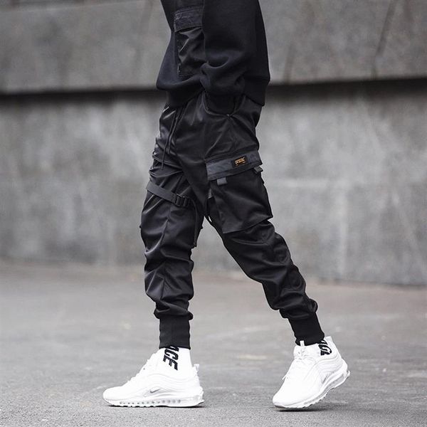 Qnpqyx новые мужчины модные брюки ленты цветовые блок черные карманные грузовые брюки Harem Joggers Harajuku SweatWant Hip Hop Bonders253c