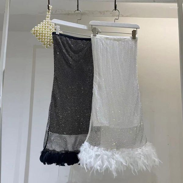 Costumi da bagno da bagno lussuoso strass di strass arde di piume Diamond Mesh con rivestimento per le donne abiti club prospettiva scintillante cristallo lungo