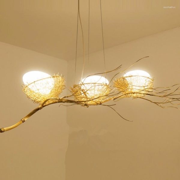 Подвесные лампы Творческая птичья гнездо золото железное световое алюминиевое проволока подвесная столовая кухонная осветительная ветка подвеска