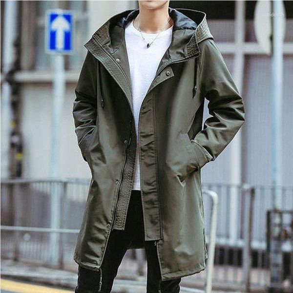 Herren Trench Coats Herren Green Coat Frühling Herbst männliche Jacke Langes Reißverschluss mit Kapuze Massive lockere lässige Mode koreanische Windbreaker Kleidung C36