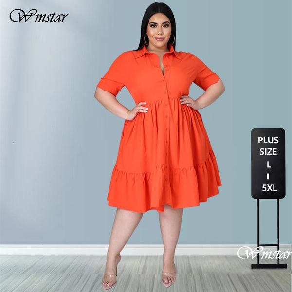 Basic Casual Kleider Plus Size Women Sommer Großhandel feste Knöpfe drehen Kragen Knielänge Rüschenhemd Kleid Drop 230811