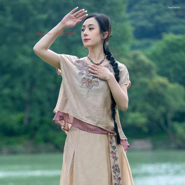 Этническая одежда 2023 Национальная вышивка цветов ретро-блузки традиционная китайская винтажная ханфу топы хлопкотистые льня