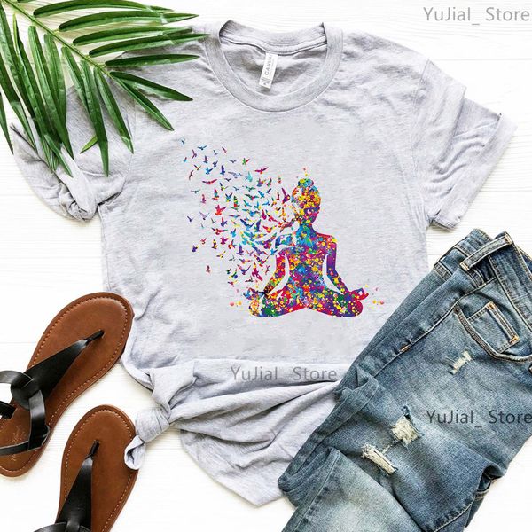 Женская футболка Ly акварели медитация птичья печатная футболка для женщин -печати для женщин дышат символы чакры йога розовая тройка