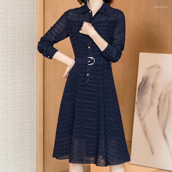 Повседневные платья Женщины элегантные платья цепочка с печеной с длинным рукавом 2023 Корейская мода офисная леди Веспидос 5Z50