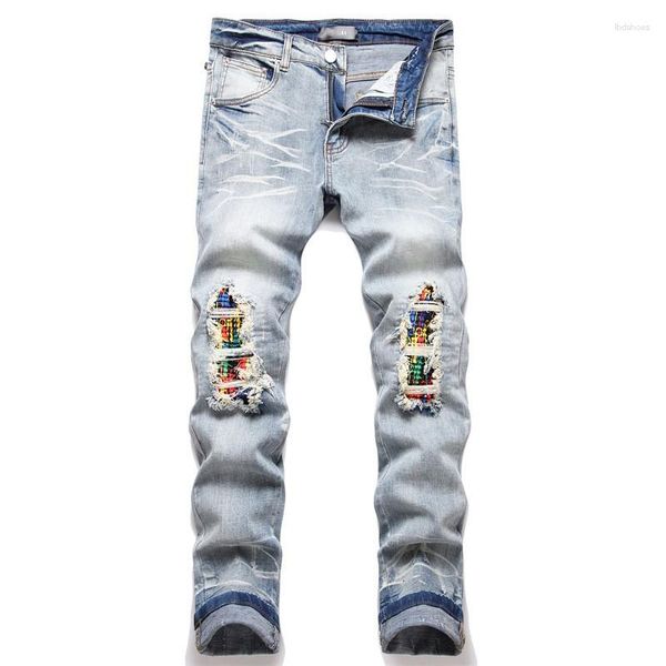 Erkekler Kotlar Erkekler İnce Fit Delik Sokak Giyim Sıkıntılı Yırtık Hip Hop Denim Pantolon Tasarım Patchwork Marka Punk Hombre Pantolon