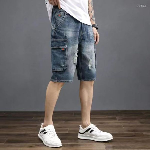 Mens Pants Bermuda Kısa kot pantolonlu erkekler için adam denim şort, kesme trendinde kargo şeridi 2023 düğmeleri retro lüks ince satış