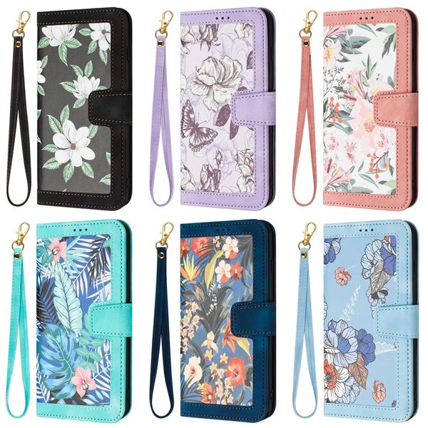 Moda Hawaiian Flower Pu Deri Deri Cüzdan Kılıfları İPhone 15 Plus 14 13 Pro Max 12 XS XR 8 7 Şık Kelebek Çiçek Kredi Kimliği Kartı Yuvası Yuva Çevirme Kapak Kızları Koruma Kayışı