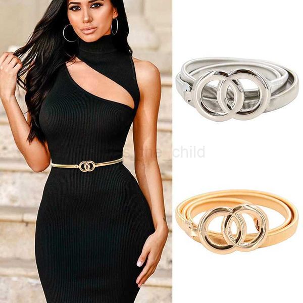 Cintos moda anel duplo cinto de metal esticador fino fino dourado prateado cinto de cintura feminino vestido de viliante elástico casamento