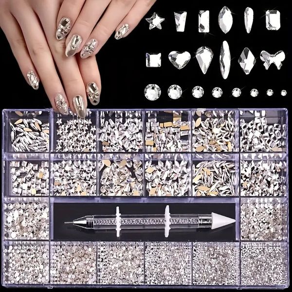 DIY Tırnak Rhinestone Kiti - Tırnak Sanatı, Ayakkabı, Giysiler, Mücevherler ve 3D Süslemeler için 21 Düz Ab Rhinestones Izgarası - Matkap Kalemi içerir