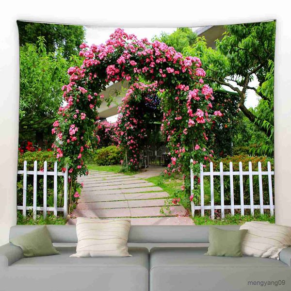 Taquestres Paisagem de jardim da primavera Big Tapestry cerca de tapeçaria cenário de plantas de flores naturais pendurando casa sala de estar pátio decoração de piquenique r230812