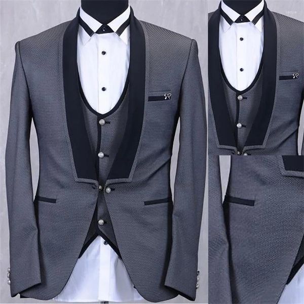 Herrenanzüge dunkelgrau ein Knopf Herren 3 Stück Kostüm Homme Bräutigam Hochzeit Smokulino Maskulino Slim Fit Prom Jacket Pant Weste