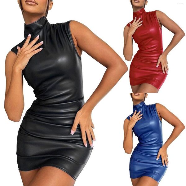 Lässige Kleider Frauen Sommer Mode sexy Hautkleid ärmellose hoher Nacken eleganter farbenfarb dünne Rock Party schwarzes kurzes Leder