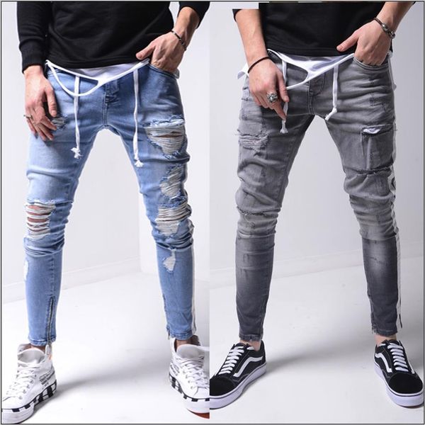 Jeans maschile maschile retrò le strisce laterali grigio buca High Street Slim Slimtome Long Denim Hip Hop Pants Pencil per maschio207p