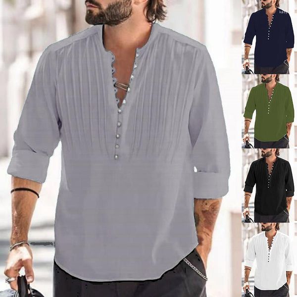 Camisetas masculinas Men vintage Button-up casual cor sólida de manga longa V pescoço masculino tops coreanos de roupas de moda masculina de moda 2023