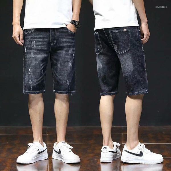 Jeans masculino short shorts elásticos masculinos casuais tendências de tubo de 5 pontos meninos meninos ao ar livre em viagem de jeans de praia