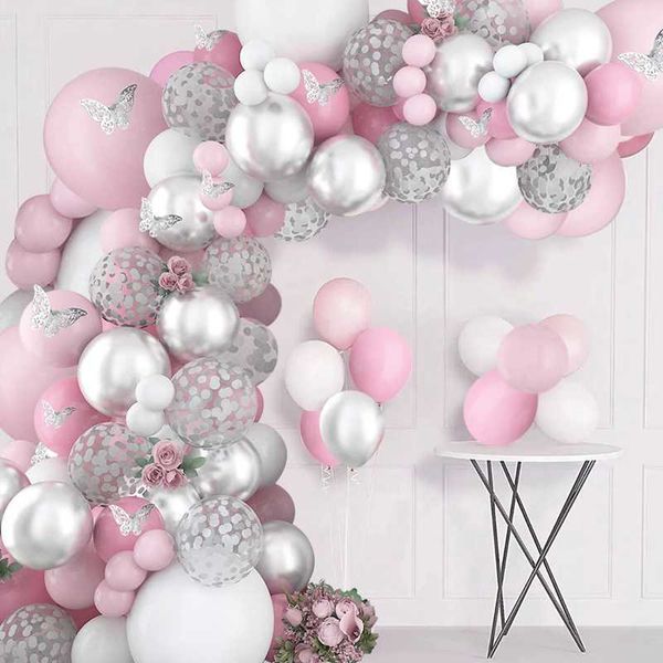 Decoração 98pcs rosa prata borboleta balão guirlanda de aniversário decoração crianças decoração de casamento chá de bebê menina baloon r230812