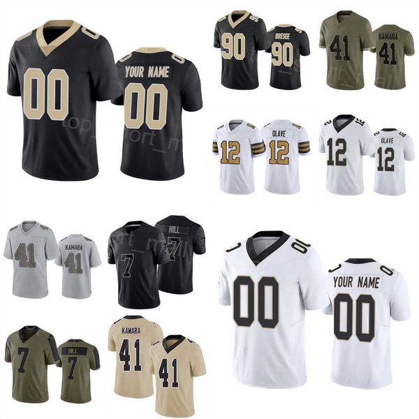 Homens para crianças futebol feminino 41 Alvin Kamara Jerseys 7 Taysom Hill 89 Rashid Shaheed 12 Chris Olave 83 Juwan Johnson 90 Bryan Bresee Green Salute to Service costurada