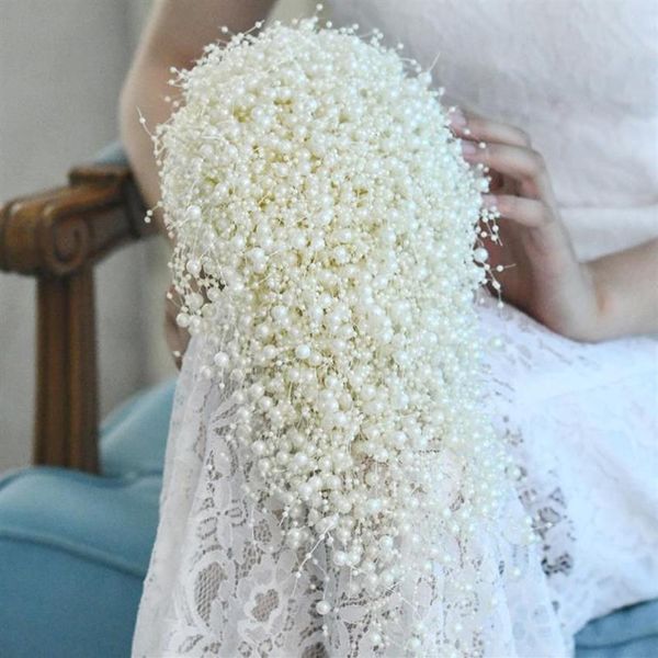 Flores de casamento Buquê de noiva de luxo Casamento Flor Branca Pérola Pérola Handmada Cachoeira262m