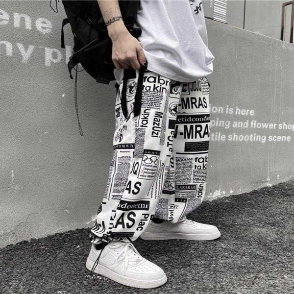 Calça americana retro calça hiphop High Street Newspaper Print Full Print Casual Mulheres soltas de tamanho largo de pernas largas Pontspg3upg3u