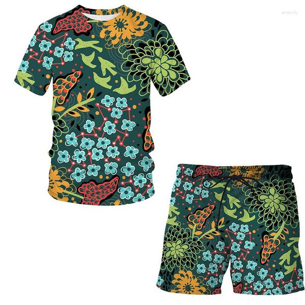 Men's Tracksuits 2023 Summer Leisure Beach Manga curta Men Padrão abstrato Padrão 3D T-shirts shorts de duas peças.