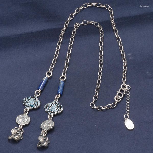 Zincirler Meibapj S925 STERLING Gümüş Çift Kanca Balık Lazurite O şeklinde Kolye Nation Style Jewelrry Kadın Aksesuar