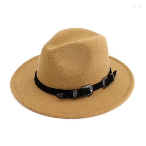 Berets Unisex Wide Brim Wool Feed Fedora Hats с ремнями пряжки мода Мужчины Женщины Формальная вечеринка джазовая кепка Панама