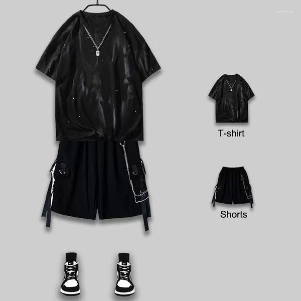 Traccetti da uomo Arens Set di techwear Shorts Black Cargo Shorts Tintura tostinata t-shirt kit manica corta harajuku estate