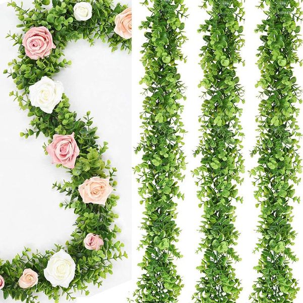 Flores decorativas Eucalipto artificial Garland Faux Vines Greenery Cenário Arco de 6 pés/Pcs Planta pendurada