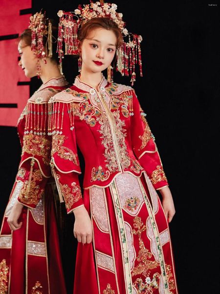 Roupas étnicas vestido de noiva de estilo chinês vermelho Cheongsam phoenix bordado de casamento traje oriental noiva vintage qipao