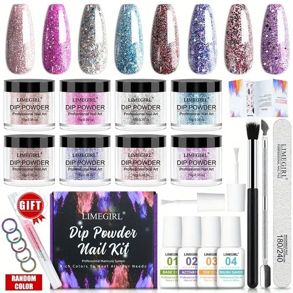 8 Farben Pink, lila, blaues Acryl -Dip -Pulver -Starter -Kit mit essentiellem Flüssigkeitssatz für französische Nägel - perfekt für Kunstmaniküre und Geschenk für Frauen
