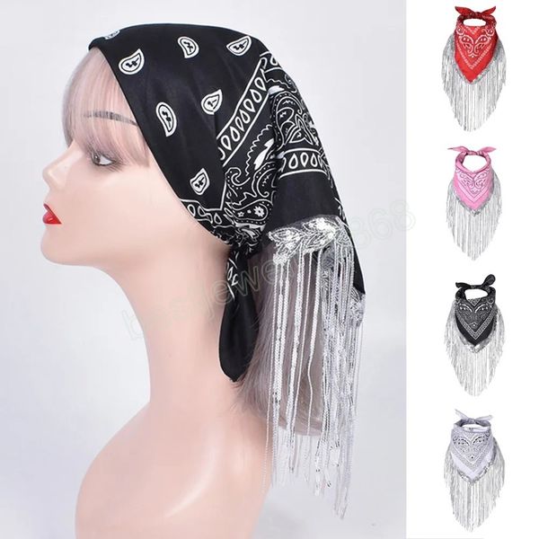 Lantejoulas lenços de borla prateada de lantejas para mulheres lenço de cabeça margem de bandanas de pescoço Hip Hop Paisley Shawl Vintage Shawl