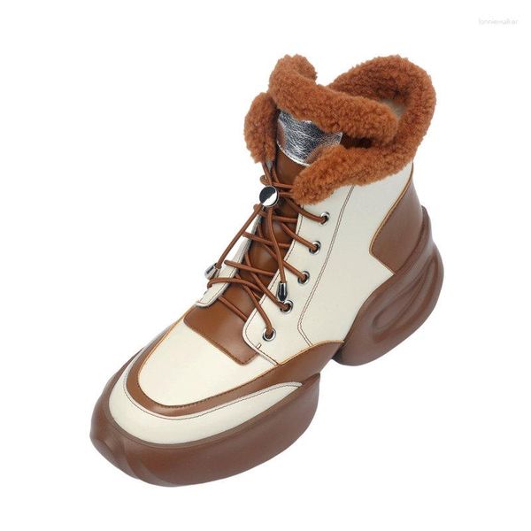 Stiefel Frauen Winter schwarzbraunes Leder echtes Knöchel Plüsch Thermaltrainer Schnee Botas Damen Schuhe