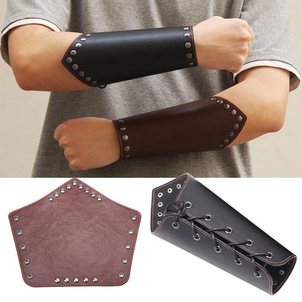 Bileklik 1pc Punk Geniş Bileklik Deri Bracer Dantel Yukarı Steampunk Ortaçağ Gauntlet Bileklikler Bilezikler Bangles Cosplay Props