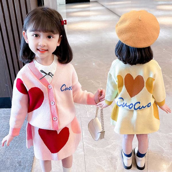 Conjuntos de roupas meninas roupas de malha padrão coração meninas roupas tshirt camisola meninas conjuntos casuais treino crianças
