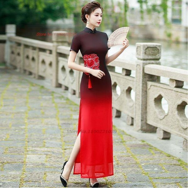 Roupas étnicas 2023 Vestido vintage chinês melhorado Cheongsam National Flower Borderyer Gradient Color Oriental Banquet Night