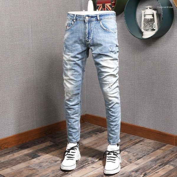 Herren Jeans Streetwear Mode Männer Retro Hellblau Elastizität Slim Ripped Patches Designer Vintage Casual Denim Hosen Hombre