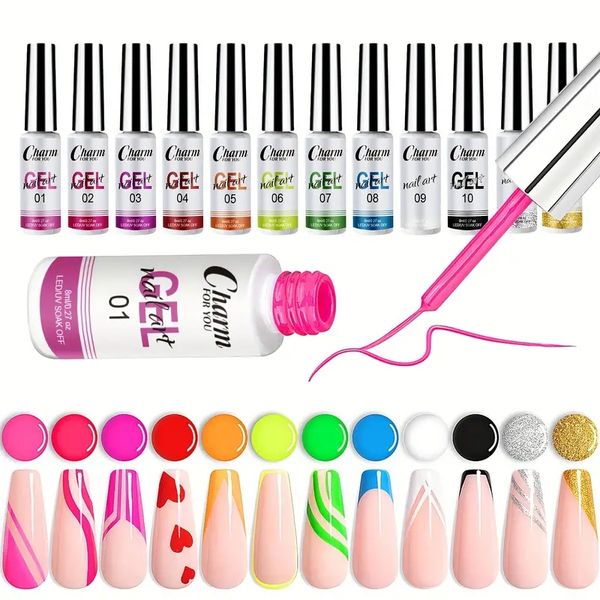 Gel Liner Nail Art 12 Farben Neon Malerei Gel Liner Gel für Nägel Kunst, rosa gelbgrünes Gel zeichnen Nagelgel Draht Ziehen Gel -Set Manikürewerkzeug Kit Kit