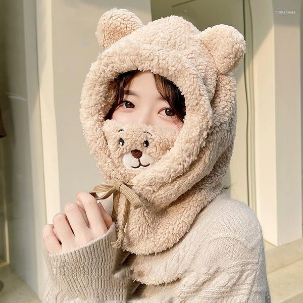 Boinas de chapéu de grãos de inverno de inverno com máscara de bosque de lã de urso bonitão Captura mulher Mulheres quentes Proteção de orelha espessada Chapesar