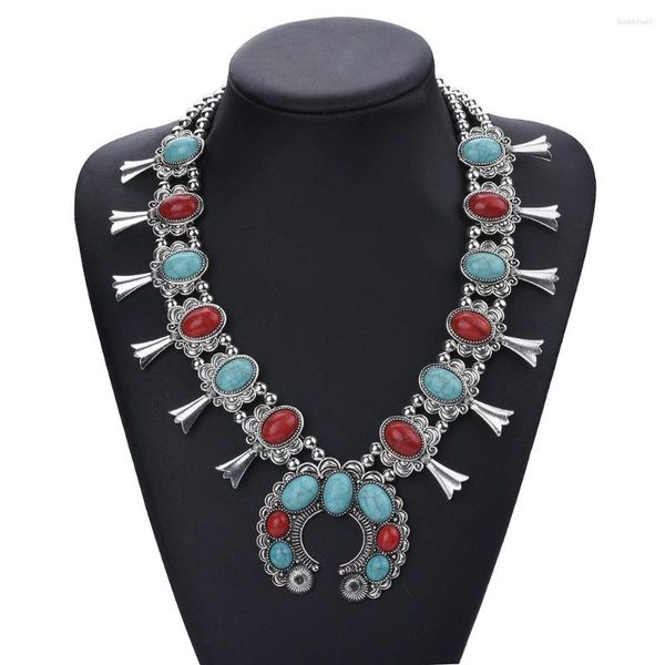 Ketten Boho ethnisch silbrig blau rotes Harz Stein Großer Kragen Halsketten Frauen Stammes Tribal Big Chunky Statement Halskette