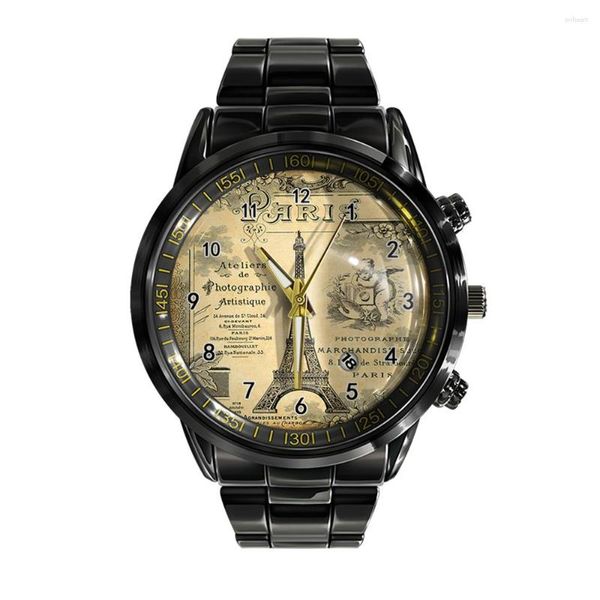 Orologi da polso alla moda perpetuo perpetuo cinghia d'acciaio orologio da uomo retrò eiffel tower art orologio sportivo polso