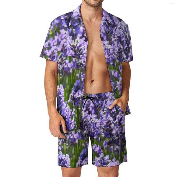 Menina de pilotos masculinos adoráveis ​​homens lavanda Define Inglaterra Nature Purple Flowers Shorts casuais Camisa de praia Conjunto de verão de verão, terno personalizado de plus size