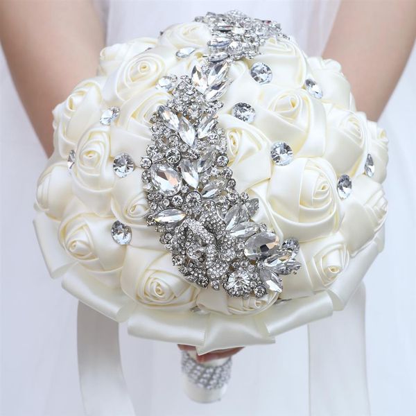 Flores artificiais de casamento de cetim Buquê de noiva Flor Flower Rhinestone Crystal Fished Damaid Bride Weddings Bouquet de Ma273m