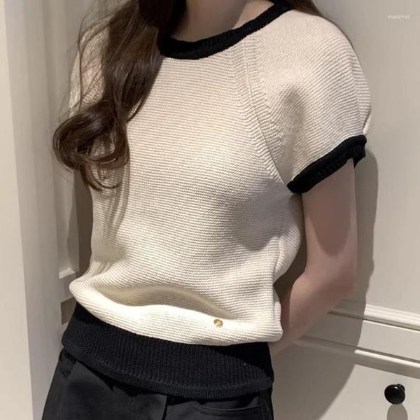 Maglioni da donna francese semplice o collo pullover femminile contrasto a colori bordi top sciolti 2023 a maniche corta estate casual casual