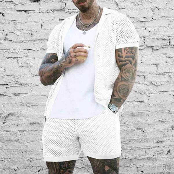 Studi da uomo da uomo Set da 2 pezzi 2023 Summer Trackuit Men Sexy Mesh See attraverso top a maniche corte e pantaloncini abiti casual abbinamento