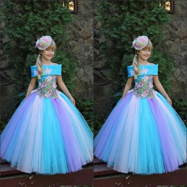 Belle ragazze principessa abiti da concorso fuori dalla spalla Appliques Appliques Flower Girls Dresss for Weddings Abito da ballo per bambini Par224m