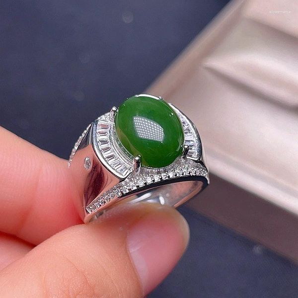 Clusterringe Mode 925 Silbermänner Ring 10mm 12 mm 5ct Natural Jade Schmuck für Mann 3 Schicht 18k Goldbeschichtung Grün grün