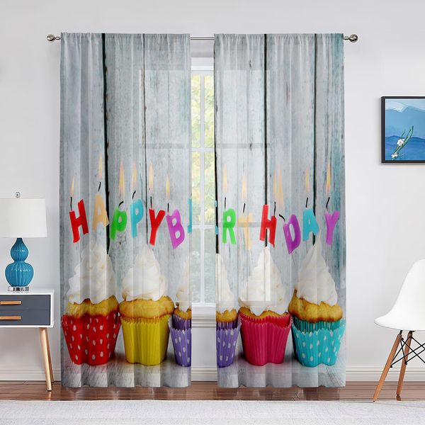 Tende trasparenti cupcakes sfondo in legno di legno tende voile di felice compleanno torte per finestra per il soggiorno cucina camera da letto 230812