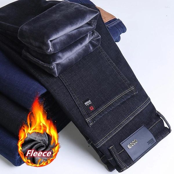 Jeans maschile classico badge dritto gamba dritta sciolta inverno pilota spessa business calda business cotone tratto pantaloni di denim