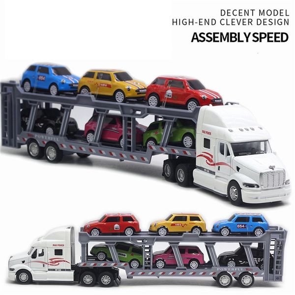 Diecast Modelo 1 48 35 cm de caminhão Big American com 6pcs mini liga de metal diecast Modelo 1 64 Toys Scale Vehicles Truck for Kids 230811