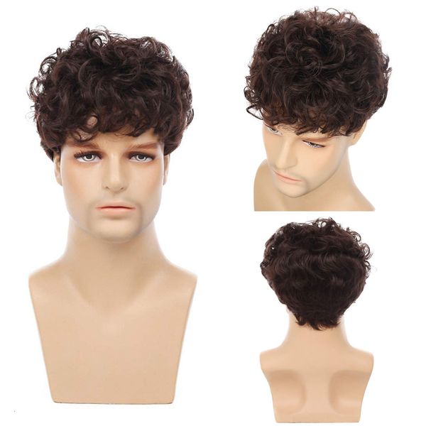 Wigs cosplay Gres Uomini parrucche marroni naturali corti ondulate parrucca di capelli sintetici per uso quotidiano in fibra ad alta temperatura 230811